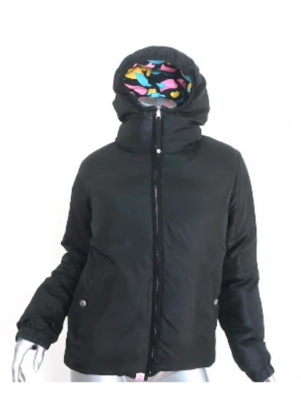 Women's Black Hooded Puffer Jacket with Printed Hood Lining